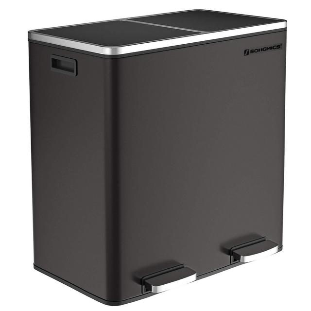SONGMICS Dual Trash Garbage Can, 16 Gal (60L) Rubbish Bin, Metal Step Bin, with Dual Compartments, Plastic Inner Buckets and Hinged Lids, Handles, Soft Closure, Airtight, Black ULTB60BK