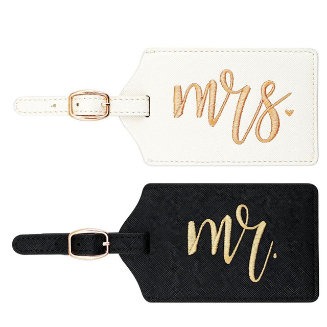 CHOIEO Mr and Mrs Luggage Tags, Bridal Shower Gift Honeymoon Gifts Wedding Gifts for Bride, PU Leather Travel Tags with Name ID Address Card (White&Black)