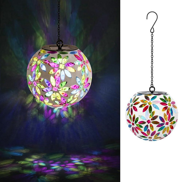 VCUTEKA Hanging Solar Lanterns Mosaic Solar Lights with Hook Up, Outdoor Garden Lights Decor for Yard Tree Fence Patio, Multicolor