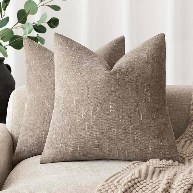 Foindtower Set of 2 Soft Textured Chenille Throw Decorative Pillow Covers Square Accent Solid Cushion Cover Cozy Neutral Farmhouse Pillow Case for Couch Sofa Bedroom Living Room 22x22 Inch,Light Taupe