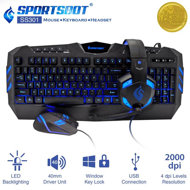 SportsBot SS301 Blue LED Gaming Over-Ear Headset, Keyboard & Mouse Combo Set