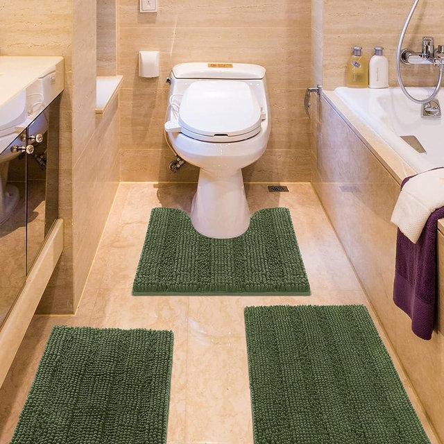 ACCUMTEK Striped Oliver Green Bathroom Rug Set 3 Pieces Ultra Soft, Non Slip Chenille Toilet Mat, Absorbent Plush Shaggy Bath Mats for Bathroom, Bedroom, Kitchen