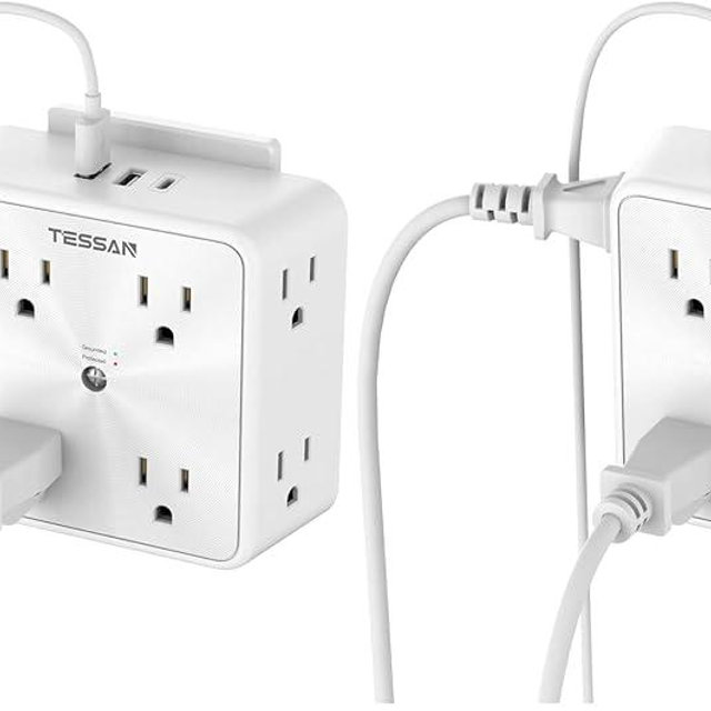 Surge Protector 8 Outlet Extender, TESSAN Multi Outlet Splitter with 3 USB Wall Charger (1 USB C Port), 3-Sided Multiple Plug Power Strip 1700J, Charging Station for Home Office Dorm Room (Pack of 2)