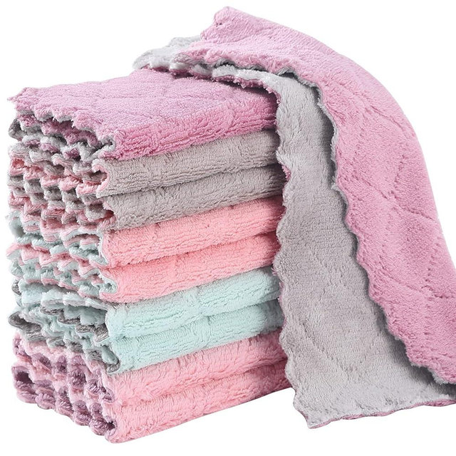 GADIEDIE 10Pack Kitchen Cloth Dish Towels,Super Absorbent Coral Velvet Dishtowels,Nonstick Oil Washable Fast Drying,Double-Sided Dish Towel,Used for Table Dish Glass Pet Paw（5Colors）