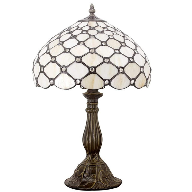 Tiffany Lamp - WERFACTORY Bedside Table Lamp, Cream Stained Glass Nightstand Desk Reading Light W12H18 Inch E26, Crystal Pearl Bead S005 Parent Lover Kid's Livingroom Bedroom Coffee Bar Bookcase Gifts