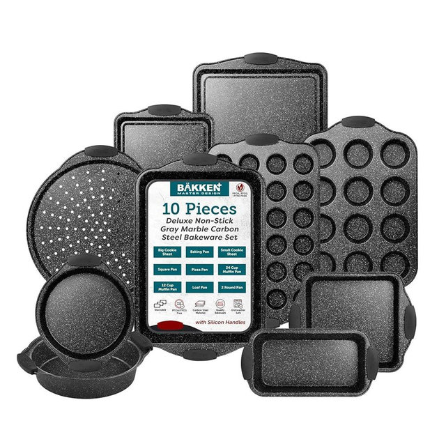 BAKKEN Kitchen Baking Pan Set - Nonstick Coating, Carbon Steel Bakeware Sets with Gray Silicone Handles, Baking Kitchen Essentials, PFOA, PFOS, PTFE Free, Oven Safe Tray (Up To 450° F), Set of 10