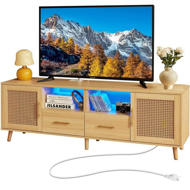 JanflyHome TV Stand for 70 Inch TV - Modern Rattan Media Console with Charging Station Light Strip, Entertainment Cabinet Accents Storage Furniture for Living Room, Wood