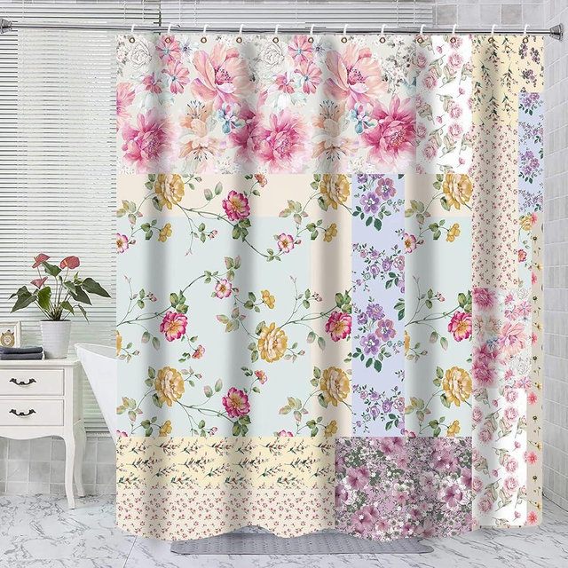 Boho Patchwork Shower Curtains for Bathroom, Bohemian Style Floral Shower Curtain, Colorful Cute Country Waterproof Fabric for Farmhouse Bathroom Shower Curtain Decor with 12 Hooks 72x72 Inches
