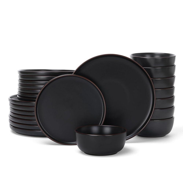 Famiware Mercury 24 Pieces Dinnerware Sets, Plates and Bowls Sets for 8, Microwave and Dishwasher Safe Dish Set, Black