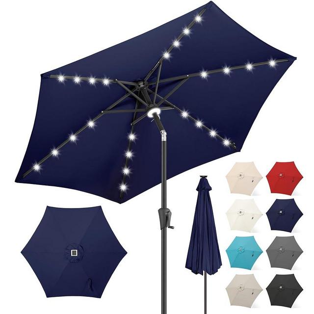 FLAME&SHADE 7.5 ft Solar Powered Outdoor Market Patio Table Umbrella with LED Lights and Tilt, Navy Blue