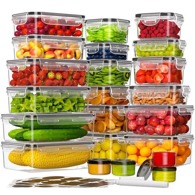 KEMETHY 44-Piece Food Storage Containers with Lids(22 Containers & 22 Lids), Plastic Food Containers for Pantry & Kitchen Storage and Organization, BPA-Free, Leak Proof, Reusable with Labels & Pen