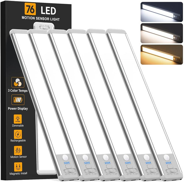 Under Cabinet Lighting Wireless, Rechargeable Motion Sensor Light Indoor, 3 Color Dimmable Closet Light Battery Operated with LED Power Display, Magnetic Under Counter Lights for Kitchen, Home (6Pack)