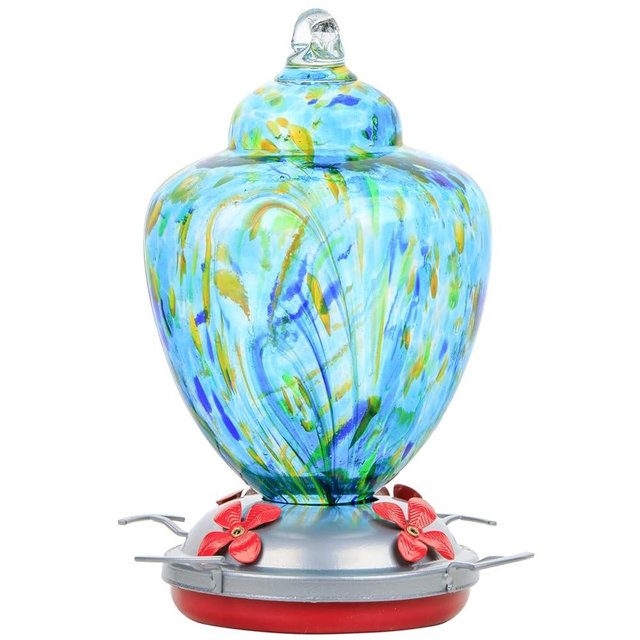 REZIPO Hummingbird Feeder with Perch - Hand Blown Glass - Light Green - 38 Fluid Ounces Hummingbird Nectar Capacity Include Hanging Wires and Moat Hook