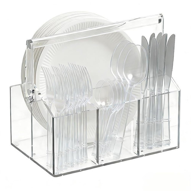 Chivalral Acrylic Utensil Holder & Paper Plate Holders -Clear Space-Saving Cutlery Caddy and Silverware Organizer for Kitchen, Table, Buffet, Party, Picnic, Camping Indoor Outdoor Use