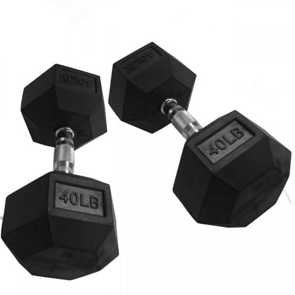 Pair of 40 lb Black Rubber Coated Hex Dumbbells