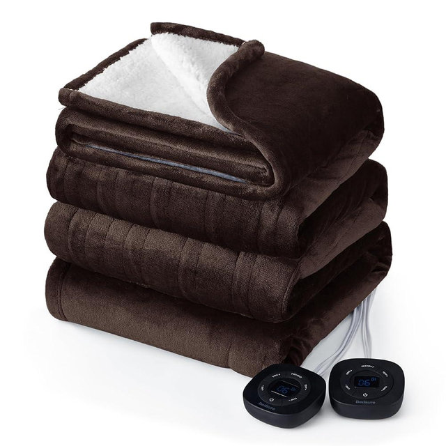 Bedsure Flannel Electric Blanket Queen - Flannel Heated Blanket with 10 Heat Settings, Heating Blanket with 10 Time Settings, 8 hrs Timer Auto Shut Off, and Dual Control (84x90 inches, Brown)
