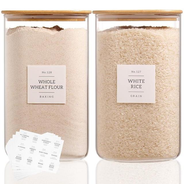 2 Pack large Square Glass Flour and Sugar Containers with 132 Kitchen Pantry Labels - Thicken 149 floz Glass Storage Jars with Airtight Bamboo Lid - Big Rice Canisters for Coffee, Pasta, Cereal