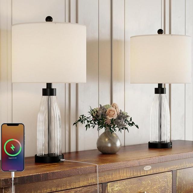 HIGHTRY Set of 2 Clear Glass Table Lamps Set of 2 with USB Ports, 3 Way Dimmable Black Bedside Lamp for Living Room, 25" Farmhouse Glass End Table Lamp for Bedroom Office, ETL Listed