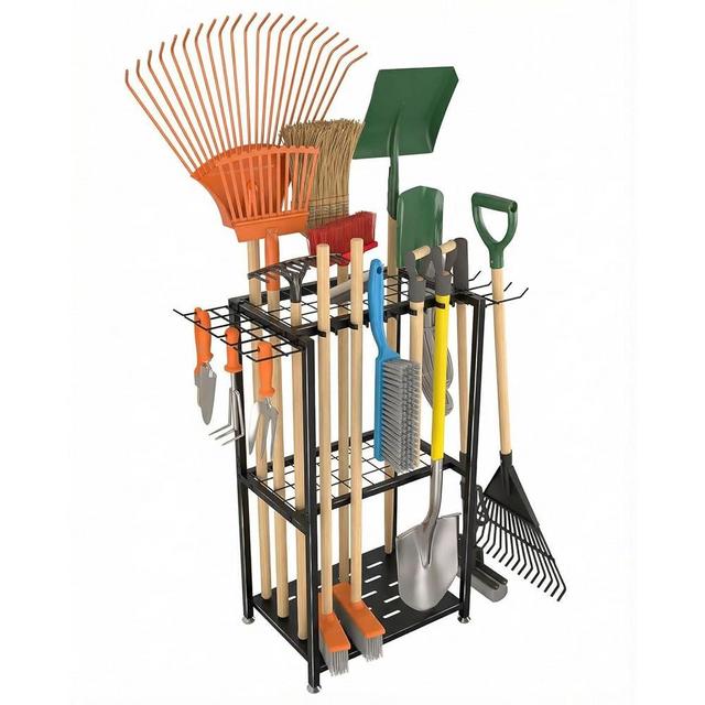Faesun Garden Tool Organizer, 3-Tier Metal Yard Tool Rack with 14 Hooks & 5 Slots, Holds 50+ Rakes/Shovels/Brooms, Heavy Duty Freestanding Lawn Tool Storage for Garage Shed Outdoor Organization