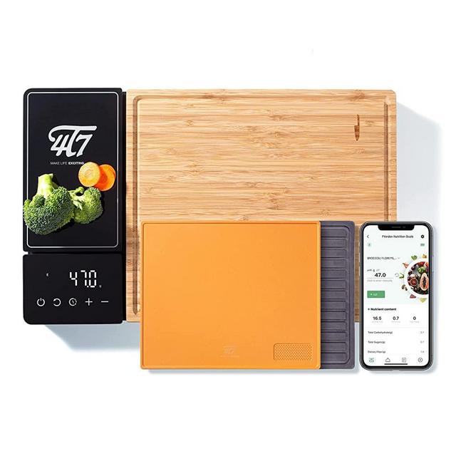 4T7 Smart Meal Prep System, Smart Cutting Board Set + Defrosting Tray, Bamboo and Wheat Straw Chopping Boards, Weigh, Timer, App Calorie Counter, Juice Grooves, Best Gift, The Smart Food Prep Station