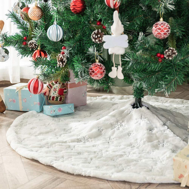 Atiming White Plush Christmas Tree Skirt 90cm Snow White Fur Christmas Tree Skirt Mat with Sliver Sequin Snowflake Xmas Tree Skirt Base Cover for Christmas New Year Decorations (White-S, 35inches)