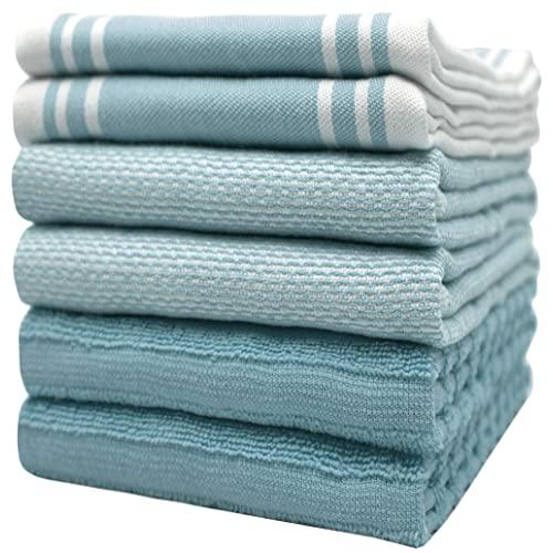 Premium Kitchen Towels (20”x 28”, 6 Pack) – Large Cotton Kitchen Hand Towels – Vintage Striped Flat & Terry Towel – Highly Absorbent Tea Towels Set with Hanging Loop – Aqua