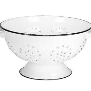 Red Co. Enamelware Metal Classic 10.5 Inch Round Food Strainer Colander with Two Handles, Distressed White/Black Rim