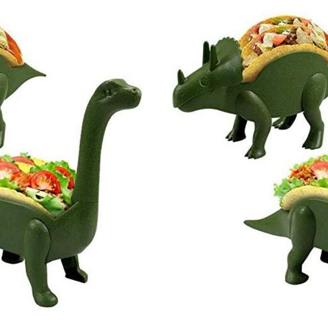 Unido Box Dinosaur Taco Holder - Kids Plastic Novelty Taco Plate - Army Green - Set of 4-2 Triceratops, 2 Brontosaurus (4)