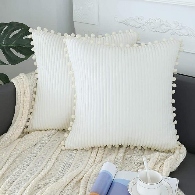 sykting Cream White Pillow Covers 18x18 inch Soft Striped Boho Farmhouse Decorative Throw Pillow Covers with Pom Poms for Couch Sofa Bed Chair Outdoor Pack of 2