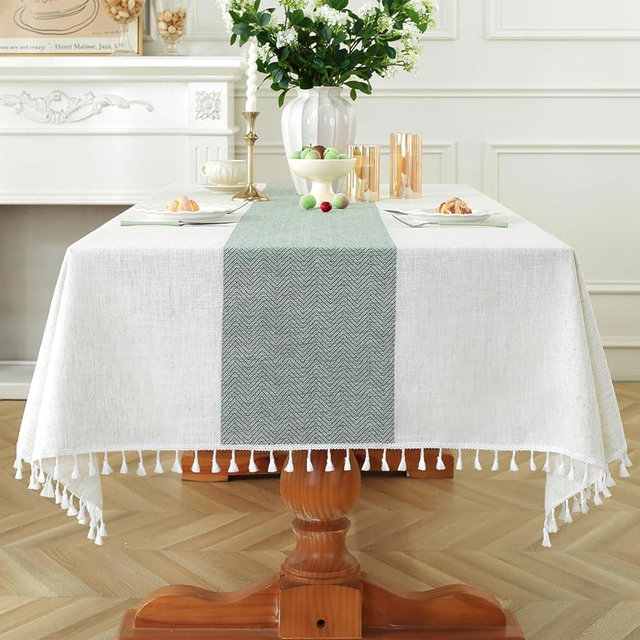 Laolitou Rectangle Tablecloth for Dining Table Rustic Farmhouse Kitchen Tables Cloth Coffee Table Cover, Cotton Linen Fabric Small Rectangle Tablecloths, Green Stripe, 55x86 Inch