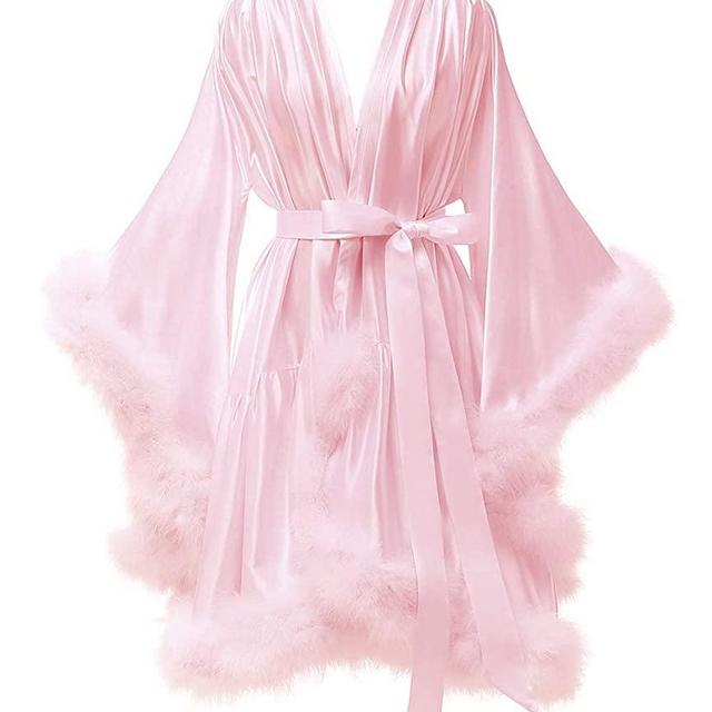 Yexinbridal Feather Fur Robe Silk Satin Bridal Dressing Gown Sexy Illusion Lingerie Nightgown Bathrobe Sleepwear