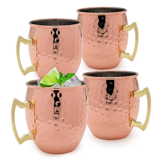 K&K Home Moscow Mule Mugs - 17oz Hammered Copper Cups with Stainless Steel Lining - Set of 4 Cooper Mugs Perfect for Cold Drinks, Beer, Wine, Outdoors, and Parties