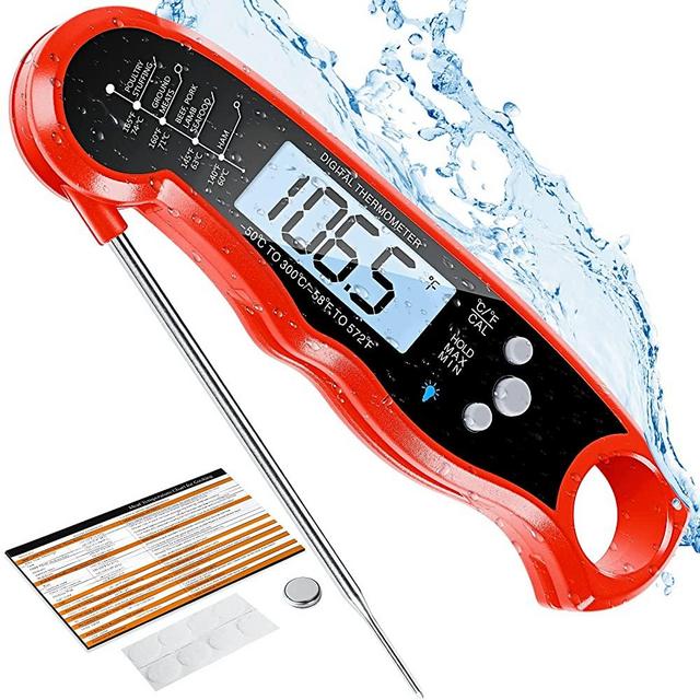 Instant Read Meat Thermometer for Cooking, Fast & Precise Digital Food Thermometer with Backlight, Magnet, Calibration, and Foldable Probe for Deep Fry, BBQ, Grill, and Roast Turkey (Black - Red)