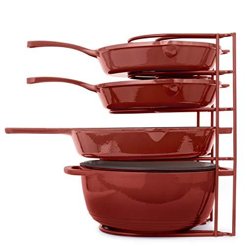 Heavy Duty Pan Organizer, Extra Large 5 Tier Rack - Holds Cast Iron Skillets, Dutch Oven, Griddles - Durable Steel Construction - Space Saving Kitchen Storage - No Assembly Required - Red 15.4-inch