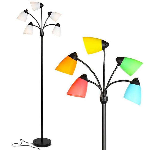 Brightech Medusa LED Floor Lamp - Multi Head Adjustable Tall Pole Standing Reading Lamp for Living Room, Bedroom, Kids Room - Includes 5 LED bulbs and 5 White & Colored Interchangeable Shades – Black