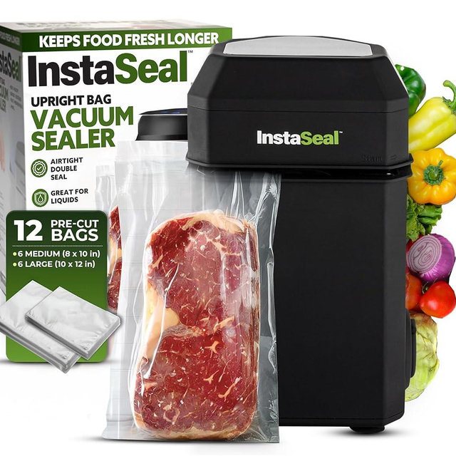 InstaSeal Vacuum Sealer for Food with 12 Bags, Preserves Foods 5x Longer, Space Saving Compact Upright Design Allows Machine to Heat Seal Marinades, Soups, Meats for Sous Vide Cooking