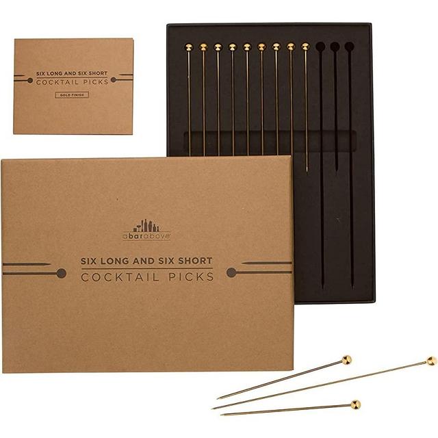 A BAR ABOVE Gold Cocktail Picks – Combo Pack 12pc (4” & 8" (6 pcs each) Perfect Bar Tools, Metal Stir Sticks for Bloody Mary, Tom Collins, Olive Skewers, Drink Garnish, Shrimp or Appetizer Charcuterie