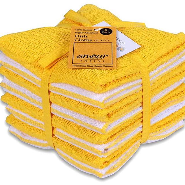 AMOUR INFINI Terry Dish Cloth | Set of 8 | 12 x 12 Inches | Durable, Super Soft and Absorbent |100% Cotton Dish Rags | Perfect for Household and Commercial Uses | Yellow