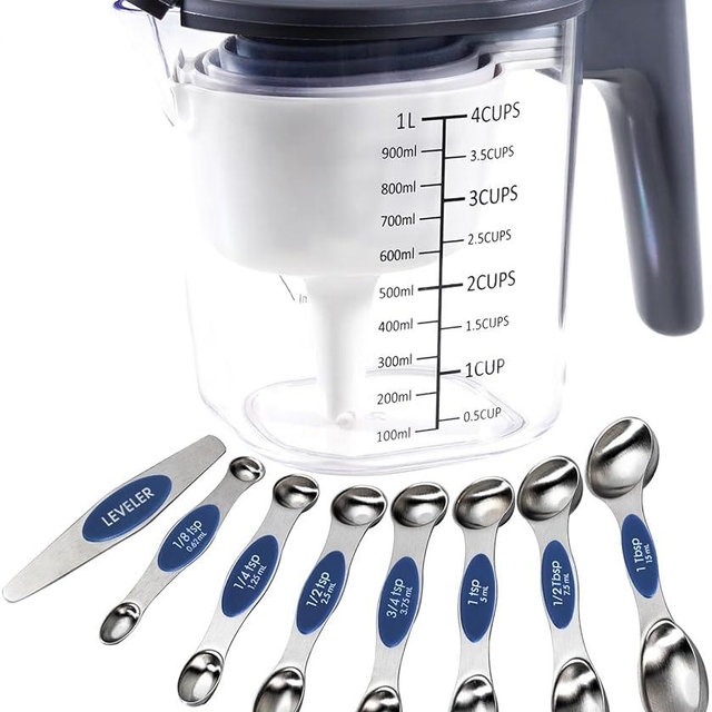 Recogwood 18 Pieces Measuring Cups and Spoons set, Includes 10 Stackable Measuring Cup with Lid and 9 Magnetic Measuring Spoons for Liquid and Dry, BPA Free, Dishwasher Safe (Sapphire)