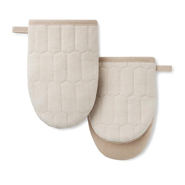 MARTHA STEWART Honeycomb Quilted Chambray Mini Oven Mitt 2-Pack Set, 100% Cotton, Flexible Non-Slip Silicone Grip, Heat Resistant, Natural, 5.5"X8"