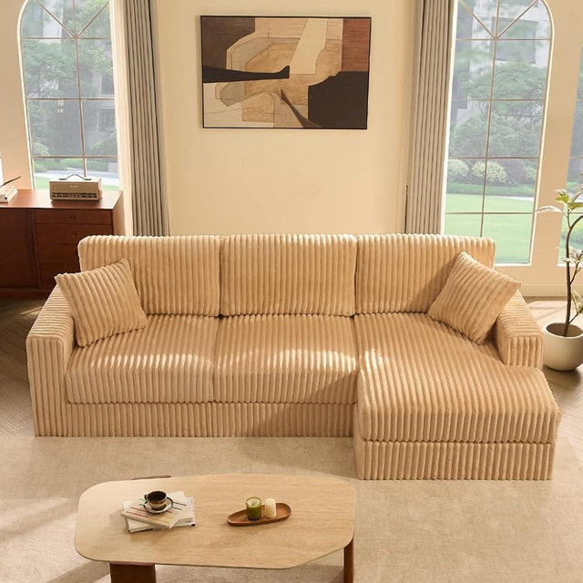 Cloud Couch 113" L-Shaped Couch (Not Boneless), 3-Seater Modular Sectional Couch, Queen Sofa with Corduroy Upholstery, Deep Seats, High Backrest & Pocket Spring Cushions, Right Facing Chaise, Camel