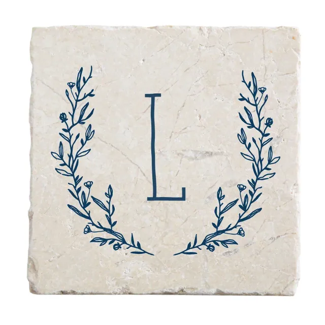 Personalization Mall Farmhouse Floral Personalized Letter Tumbled Stone Coaster Set, L