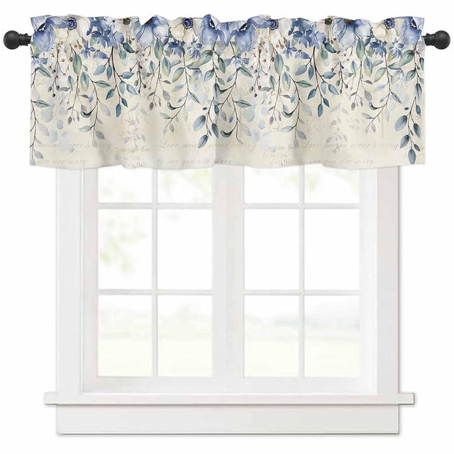SODIKA Kitchen Curtain Valance for Windows Blue Eucalyptus Leaves Watercolor Floral Spring 1 Panel, 54 x 18 Inch Rod Pocket Valance Window Treatments Short Curtains for Bathroom Bedroom