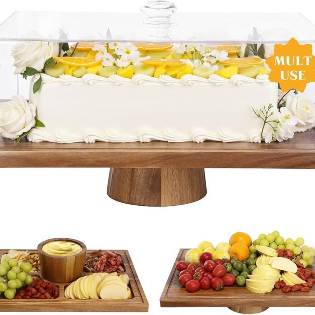 Krbnk 17" Acacia Wood Cake Stand with Lid, 2-in-1 Rectangular Charcuterie Board & Dessert Display, Shatterproof Acrylic Cake Dome Cover for Freshness, Charcuterie Platter for Weddings, Parties