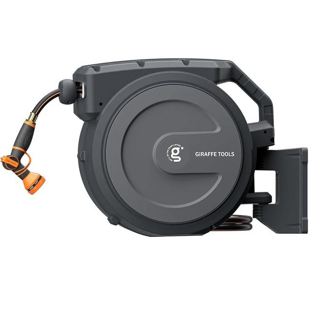 Giraffe Tools Retractable Garden Hose Reel 1/2 Inch x 100 ft, Super Heavy Duty, Any Length Lock, Slow Return System, Wall Mounted and 180 Deg Swivel Metal Bracket