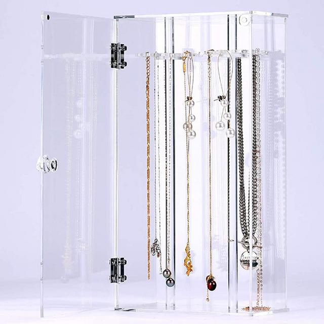 Acrylic 24 Hooks Rotation Necklace Display Stand Pendant Display Organizer Holder Dust-proof Jewelry Display Box