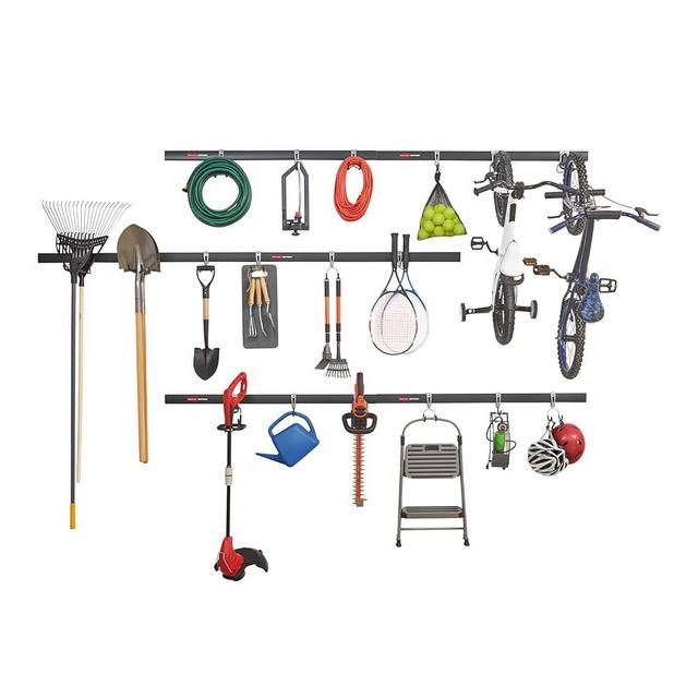 Rubbermaid 24-Piece FastTrack Garage Wall-Mounted Storage Kit, 6 Rails and 18 Hooks, Black, for Home/House/Tool/Sports/Equipment/Utility Purposes