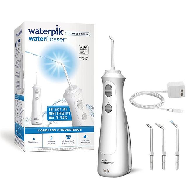 Waterpik Cordless Pearl Rechargeable Portable Water Flosser for Teeth, Gums, Braces Care and Travel with 4 Flossing Tips, ADA Accepted, WF-13 White