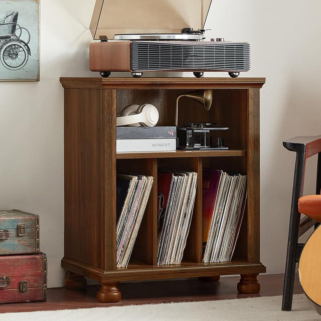 Joaxswe Record Player Stand with Vinyl Record Storage, 24" Wide Mid-Century Record Player Table Up to 200 Albums,Large Wood Turntable Stand Cabinet Dispaly Shelf for Living Room,Bedroom,Brown