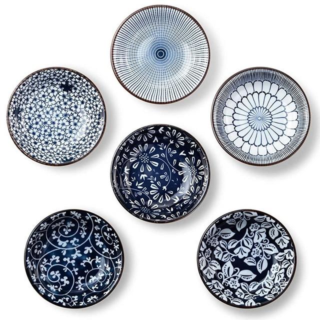 Dipping Bowls, Soy Sauce Dish Ceramic, 3 OZ Small Serving Bowls for Side Dishes Vintage Blue with Brown Rim Stylish Design, Set of 6 Mini Appetizer Plates for Condiment Sushi Ketchup BBQ Party, 4 Inch